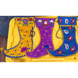 Groovy Holidays Holiday Decor set of 3 Yellow Blue Purple Christmas Stockings